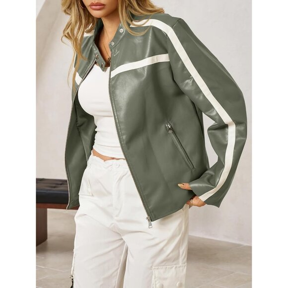 Women's Army Green Faux Leather Zip Up Moto Biker Y2K Racing Bomber Jackets - Picture 4 of 7